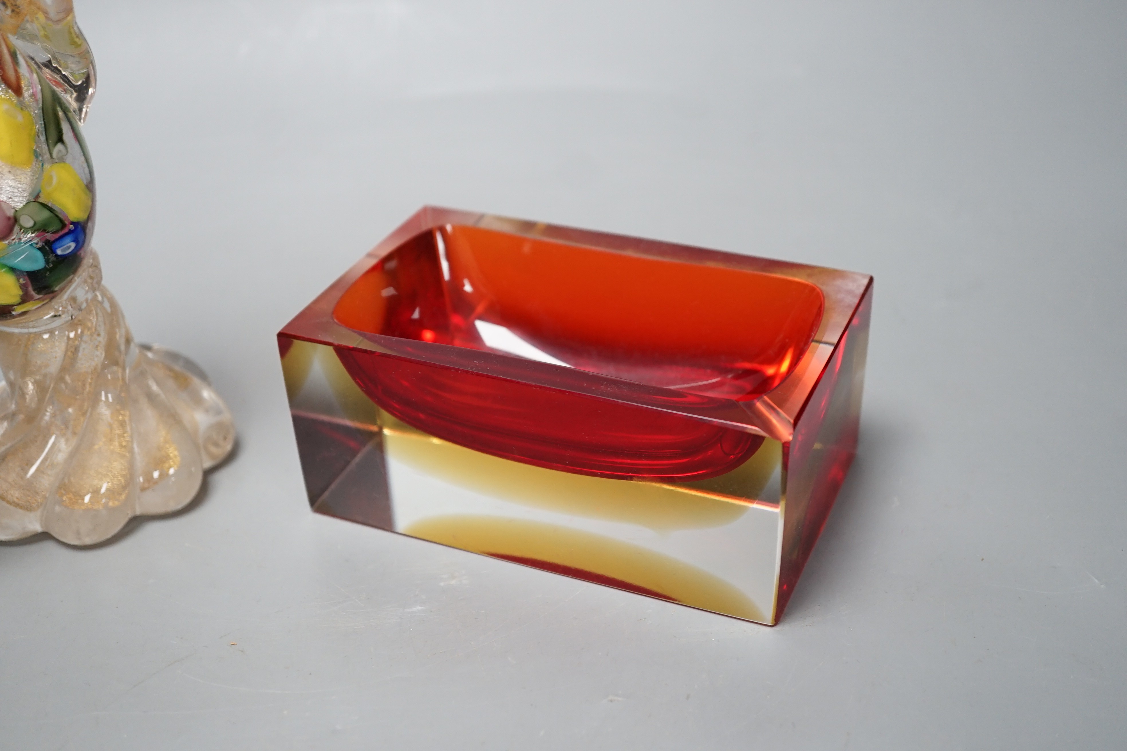 A Murano two colour Sommerso glass dish and a model of a pheasant, pheasant 28cms high